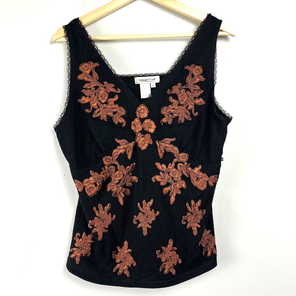 NWT Coldwater Creek Black Floral Embroidered Lace Mesh Top L Whimsigoth Romantic
